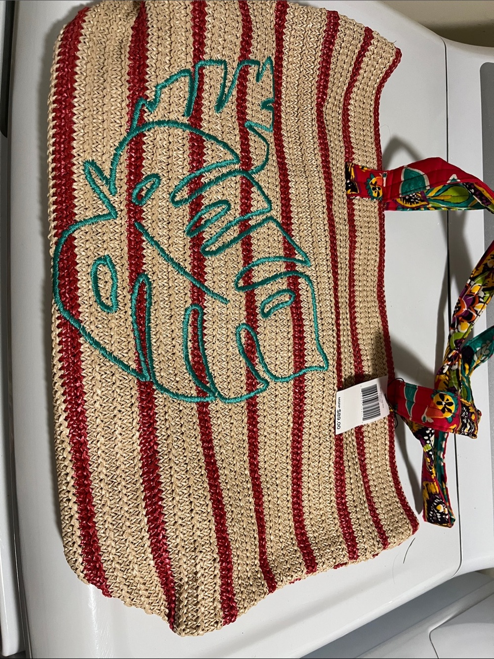 Vera Bradley Red, Turquoise & Beige Striped Straw Tote with Leaf Stitching